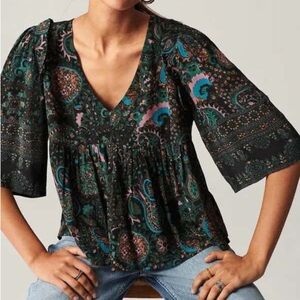 BA&SH Women’s Zarry Paisley Oversized Blouse Black Size Small S  Boho Prairie